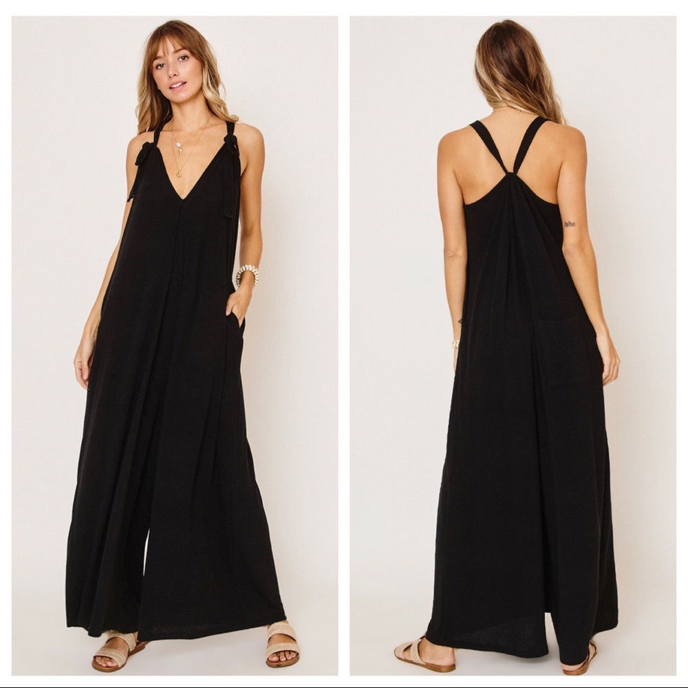 Boho Fabulous Tie shoulder Black Maxi wide leg jumpsuit - Picture 4 of 5